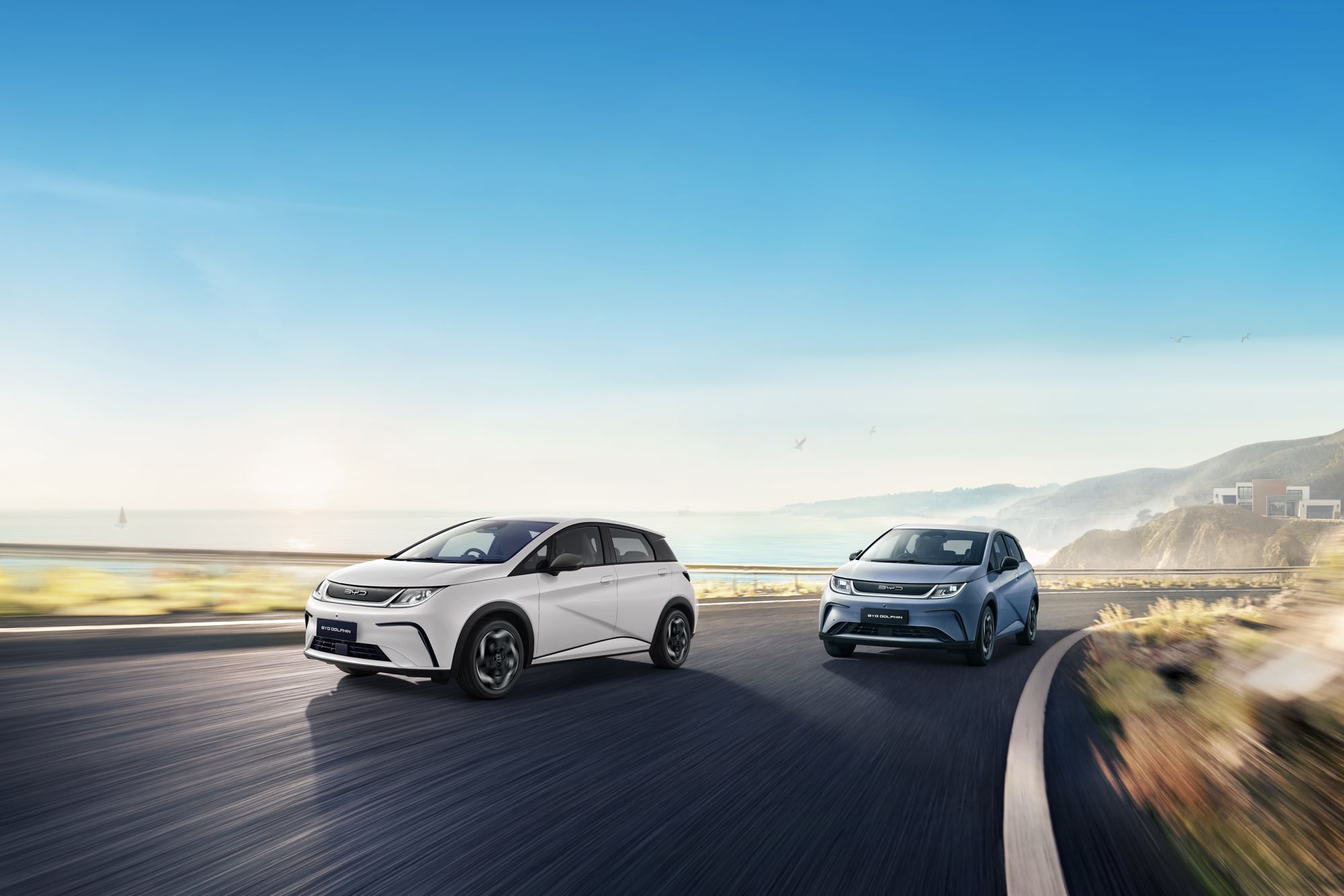 Hai chiếc BYD Dolphin trên cung đường ven biển